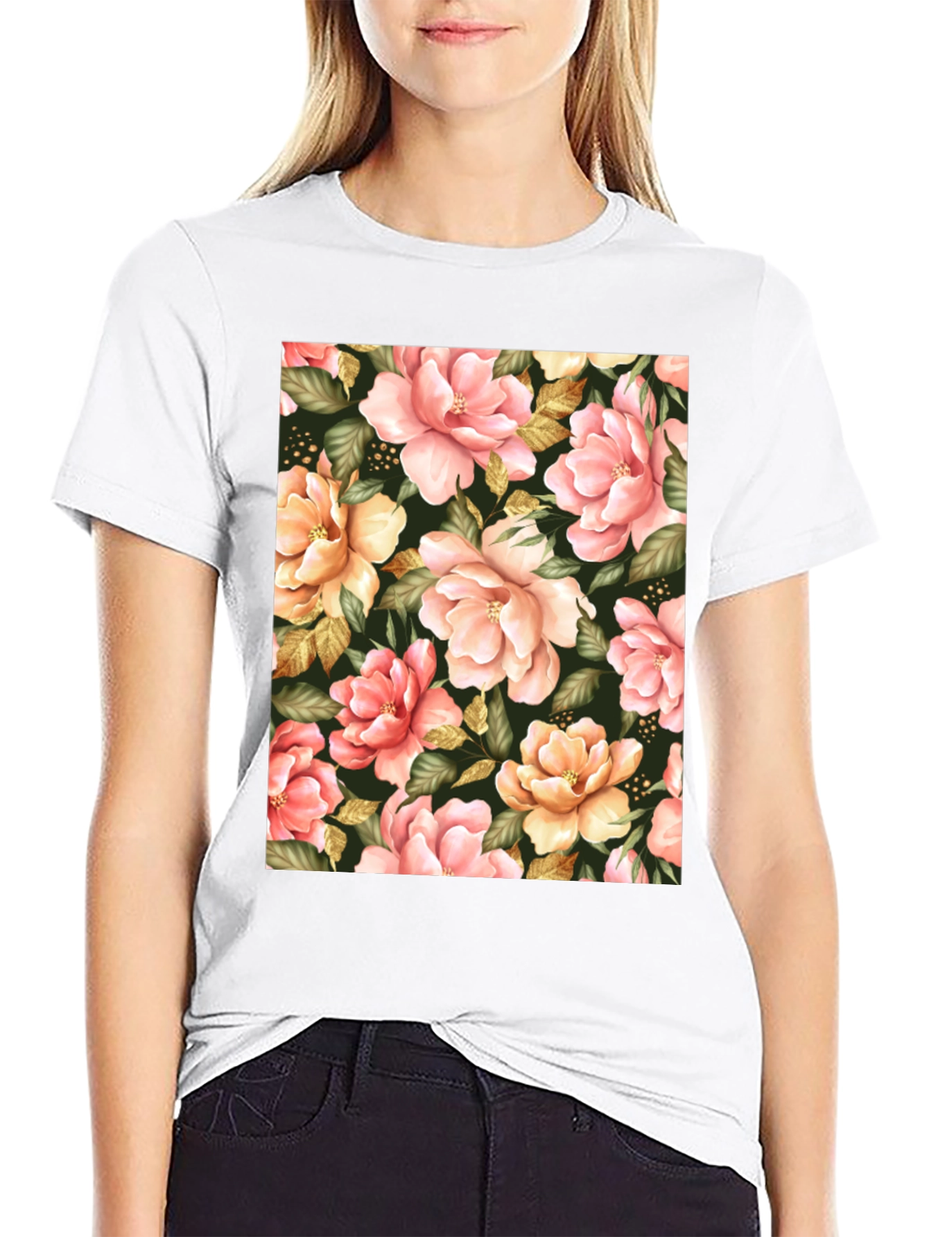 Floral Print Black T-Shirt - Unique Botanical Design