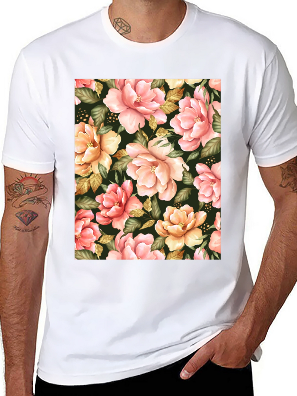 Floral Print Black T-Shirt - Unique Botanical Design