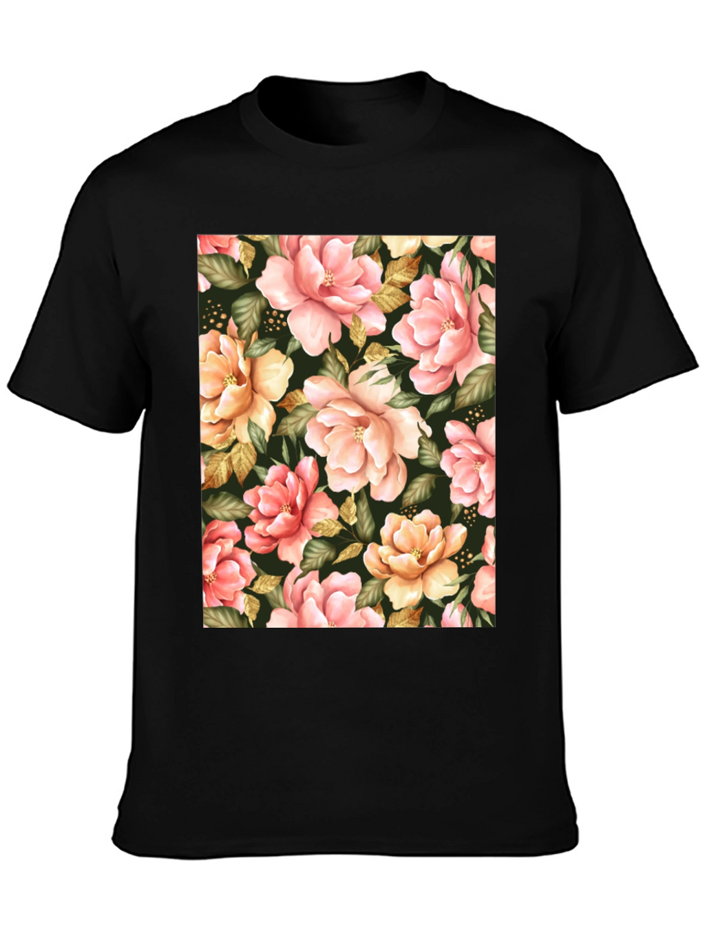 Floral Print Black T-Shirt - Unique Botanical Design