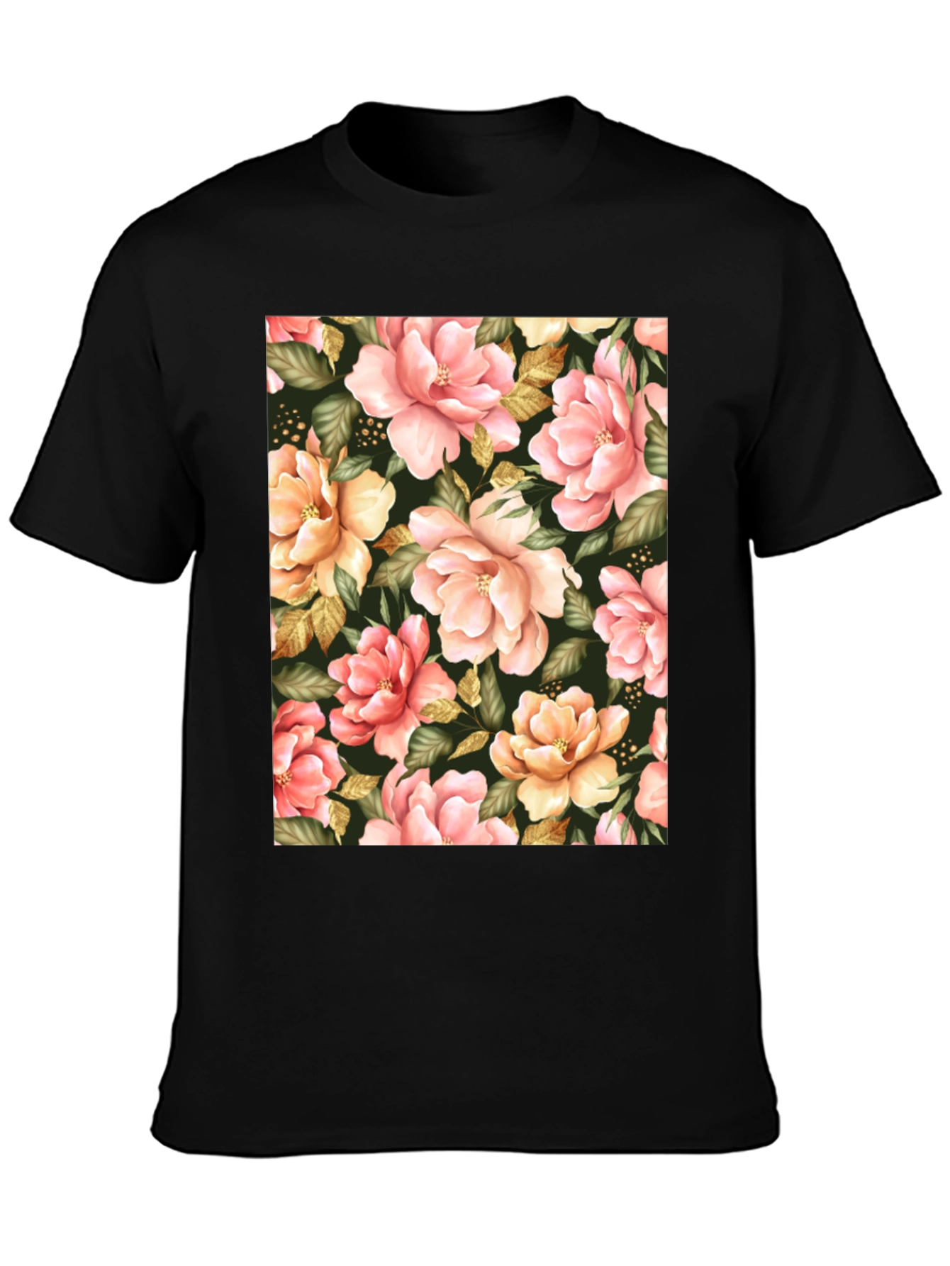 Floral Print Black T-Shirt - Unique Botanical Design