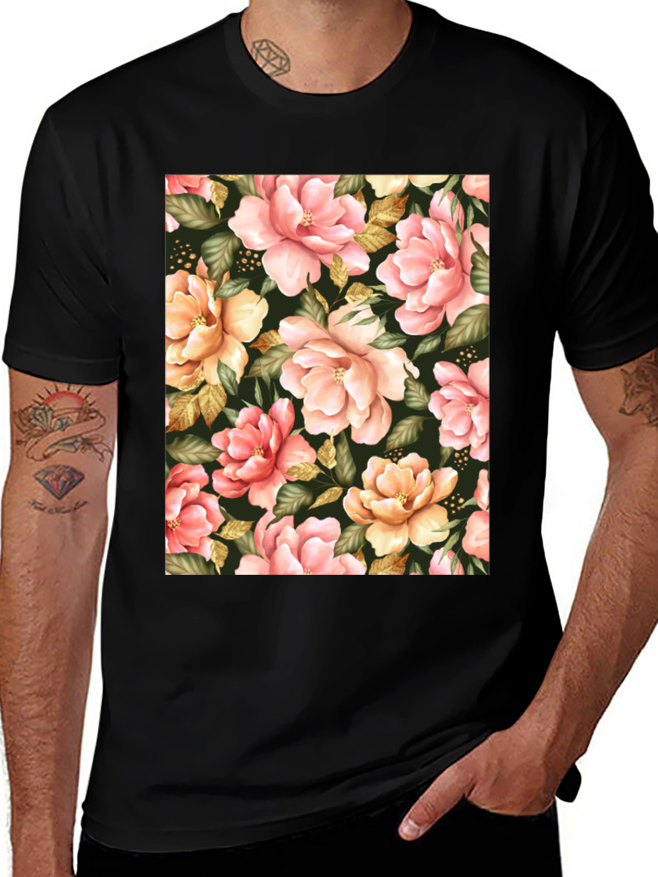 Floral Print Black T-Shirt - Unique Botanical Design