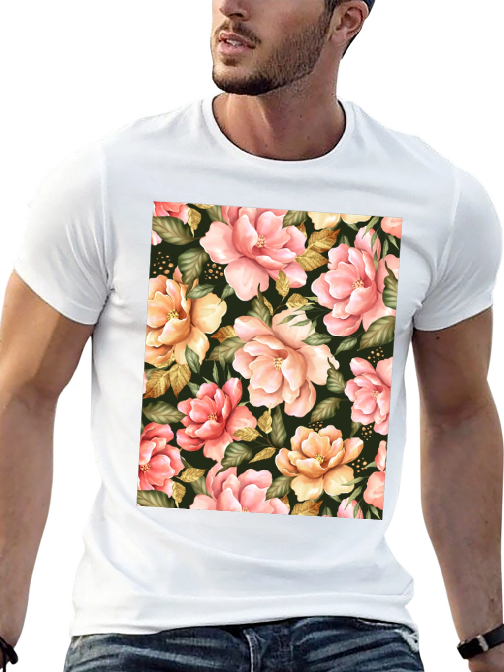 Floral Print Black T-Shirt - Unique Botanical Design