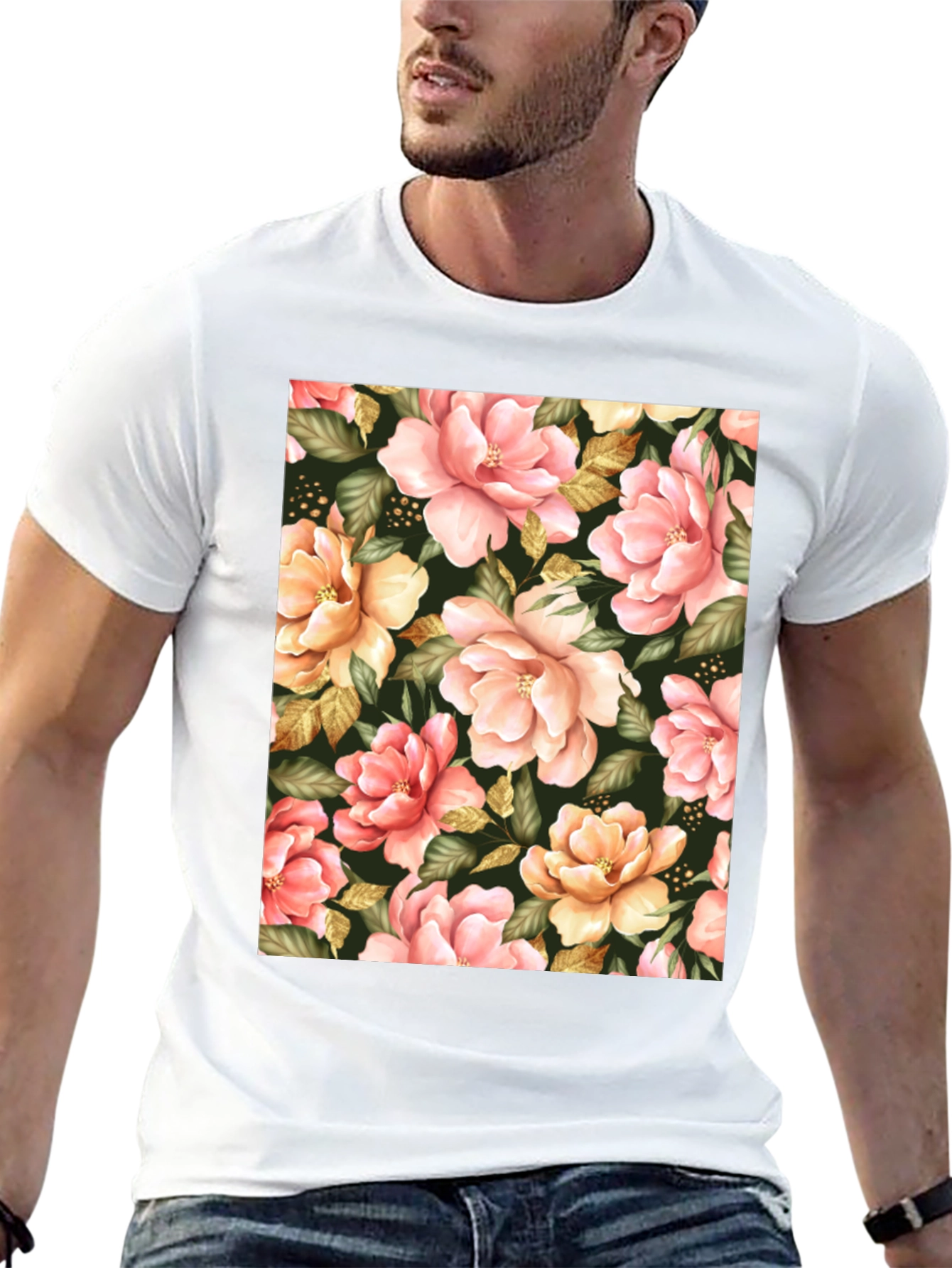 Floral Print Black T-Shirt - Unique Botanical Design