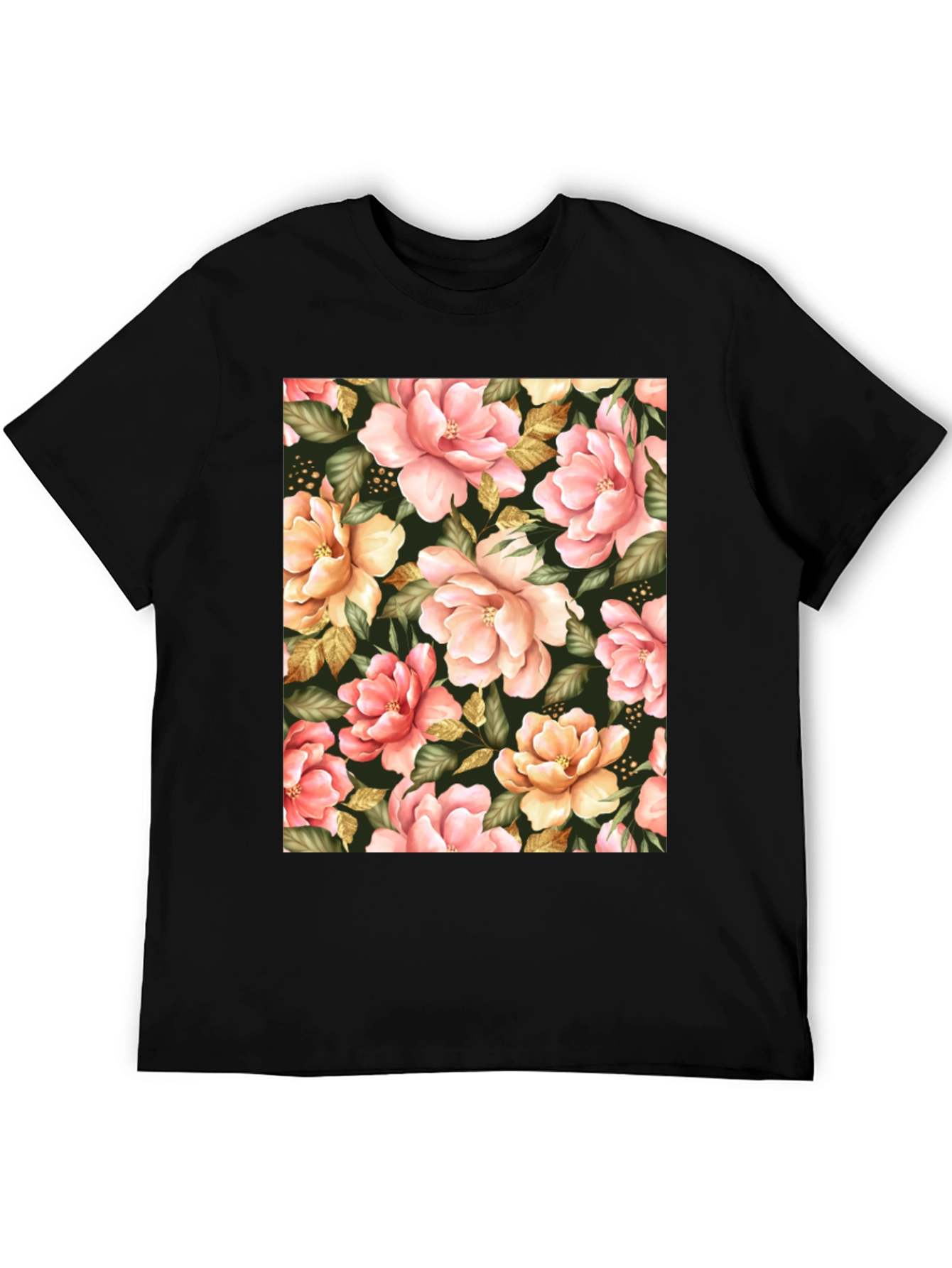 Floral Print Black T-Shirt - Unique Botanical Design