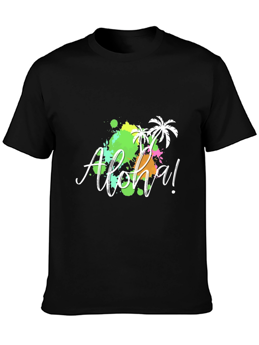 Aloha! Black T-Shirt with Tropical Splatter