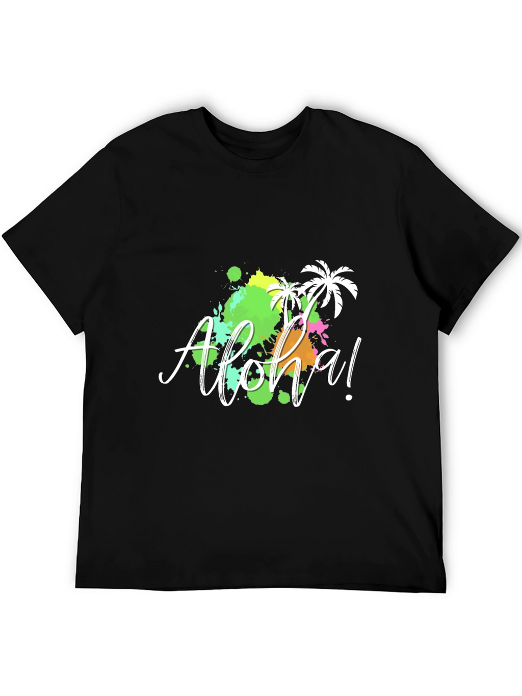 Aloha! Black T-Shirt with Tropical Splatter