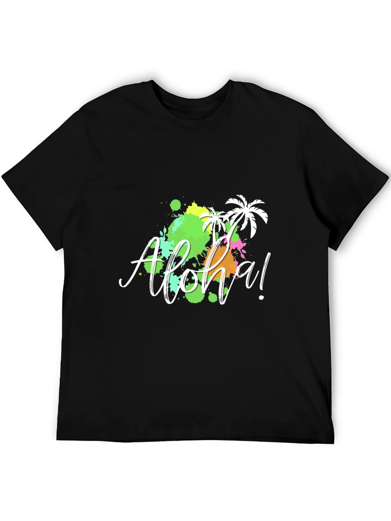 Aloha! Black T-Shirt with Tropical Splatter