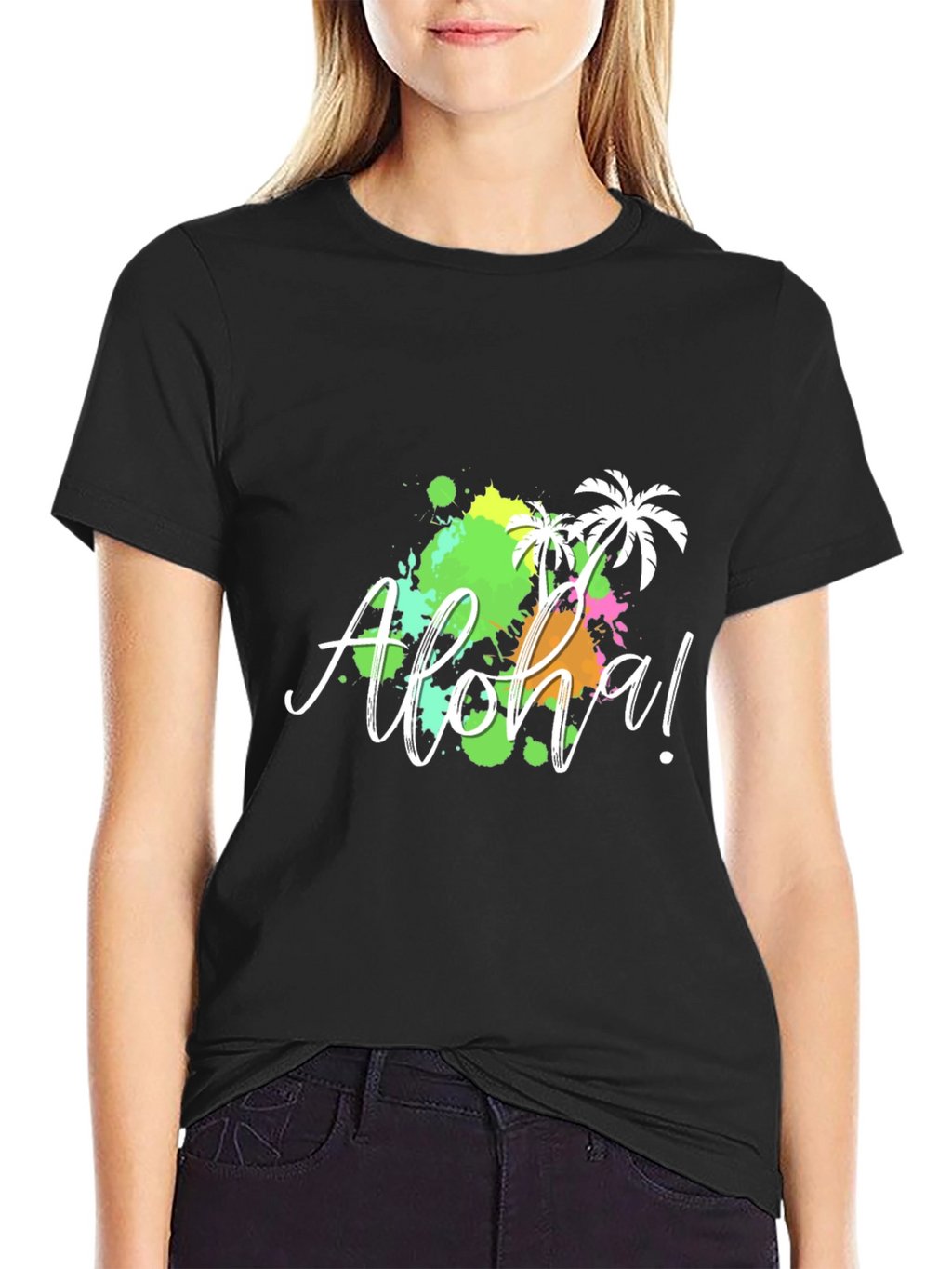 Aloha! Black T-Shirt with Tropical Splatter
