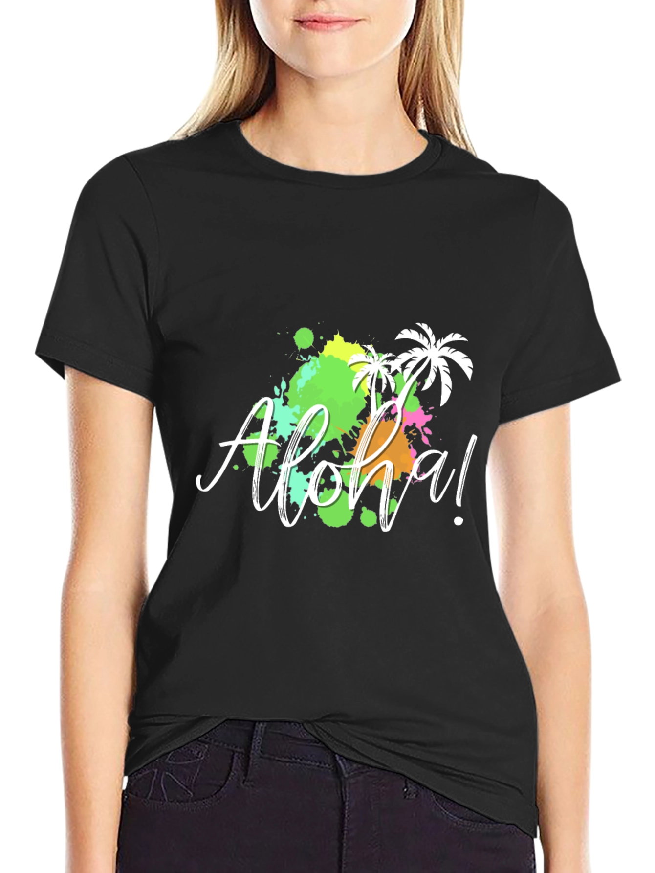 Aloha! Black T-Shirt with Tropical Splatter