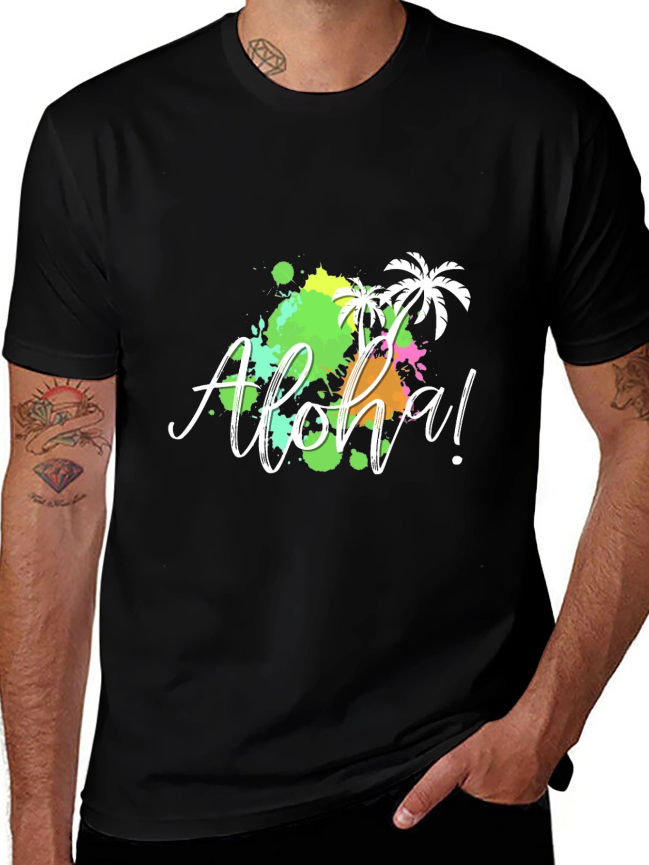 Aloha! Black T-Shirt with Tropical Splatter