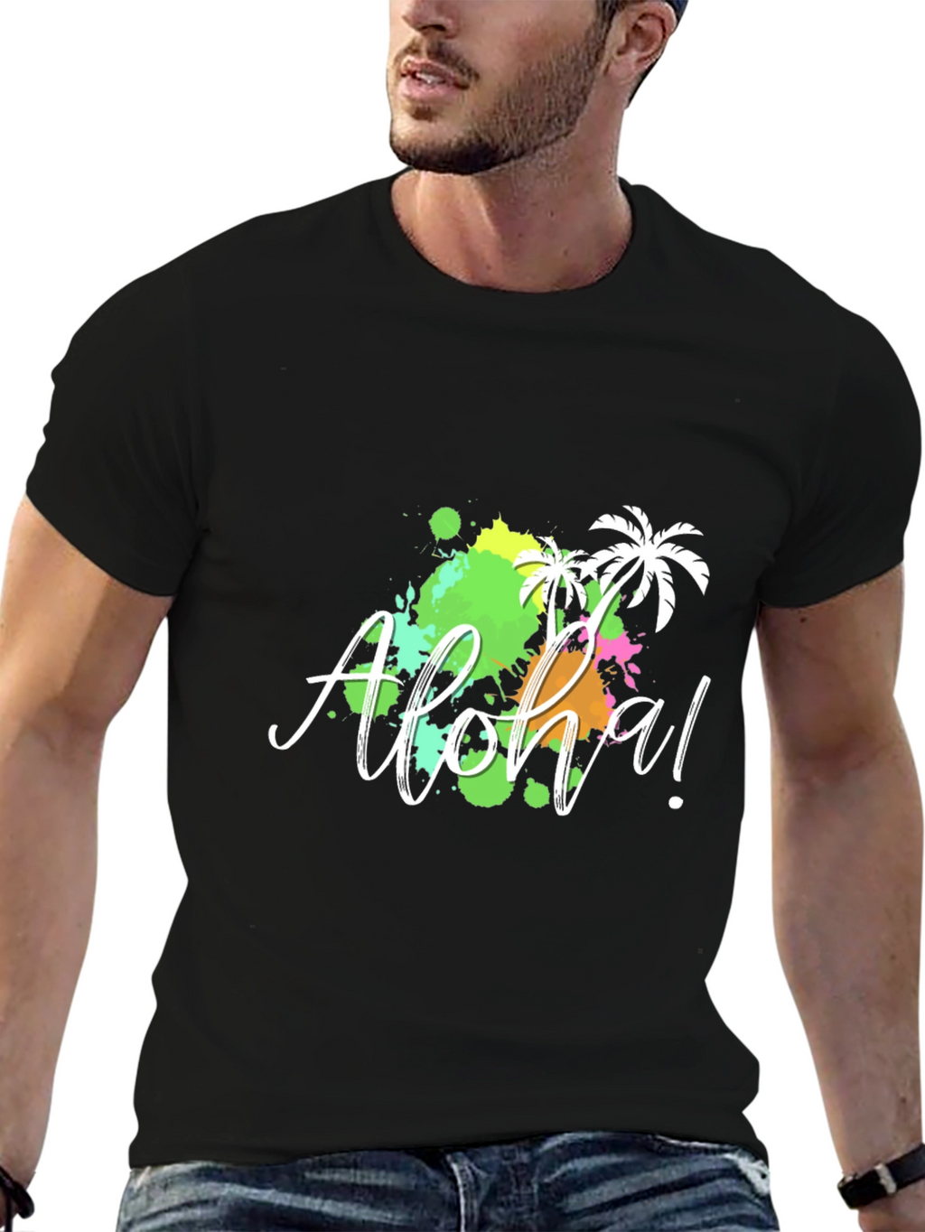 Aloha! Black T-Shirt with Tropical Splatter