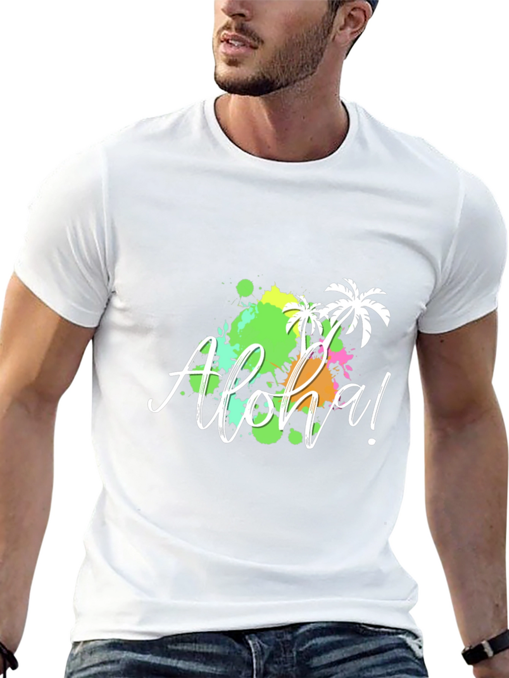 Aloha! Black T-Shirt with Tropical Splatter