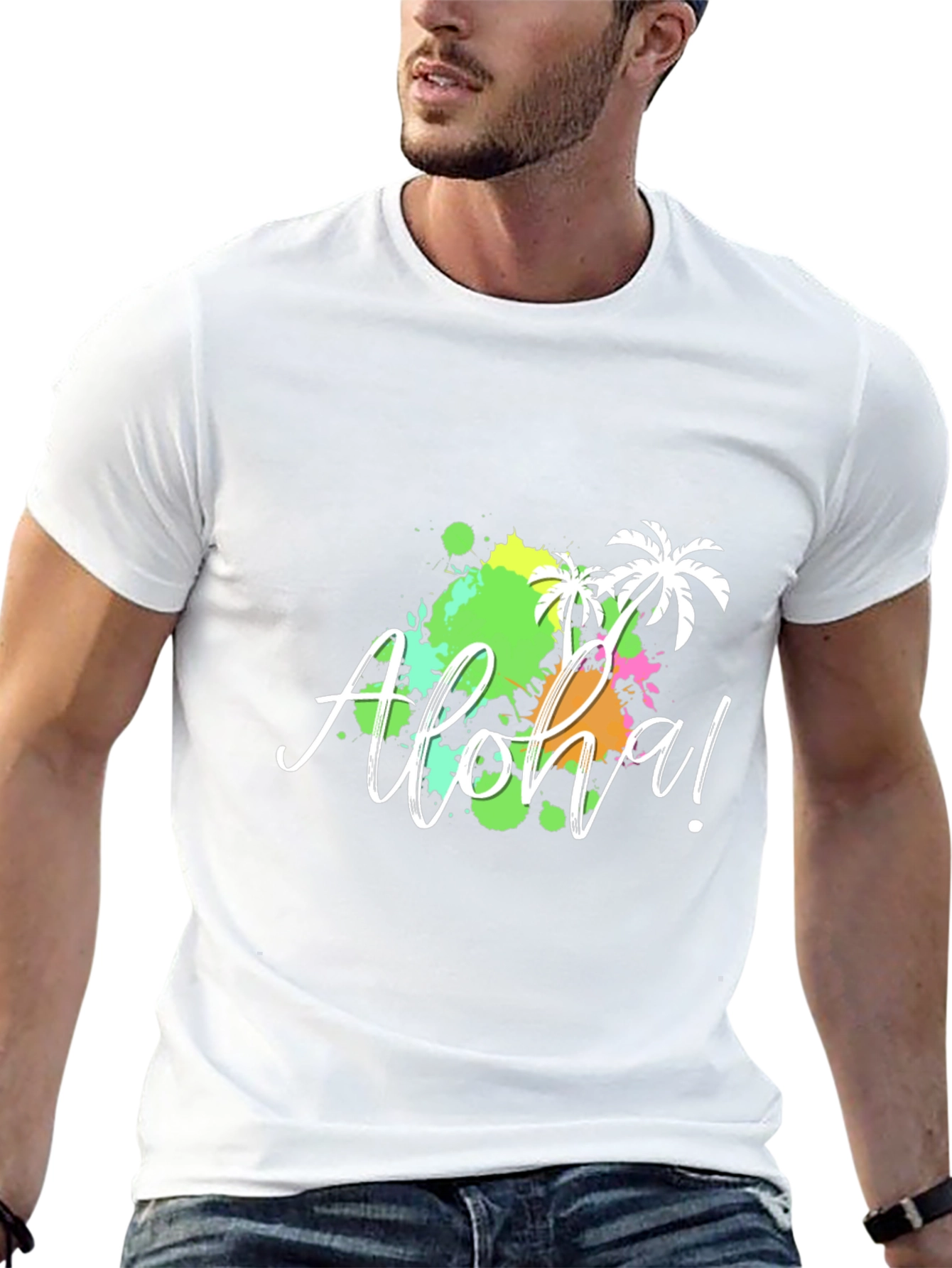 Aloha! Black T-Shirt with Tropical Splatter