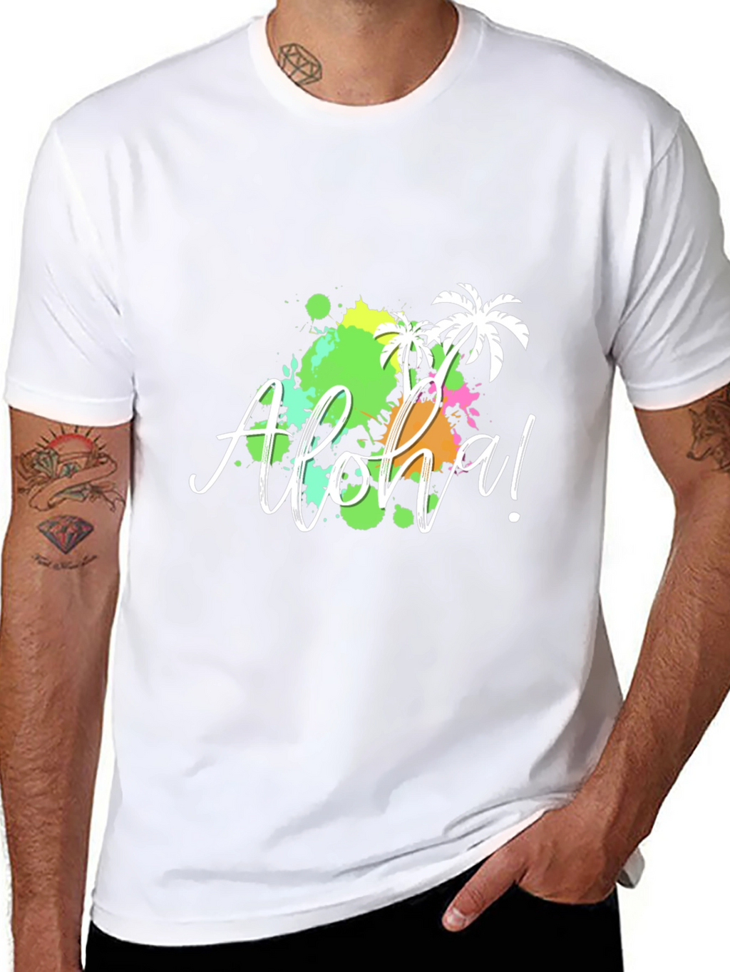 Aloha! Black T-Shirt with Tropical Splatter