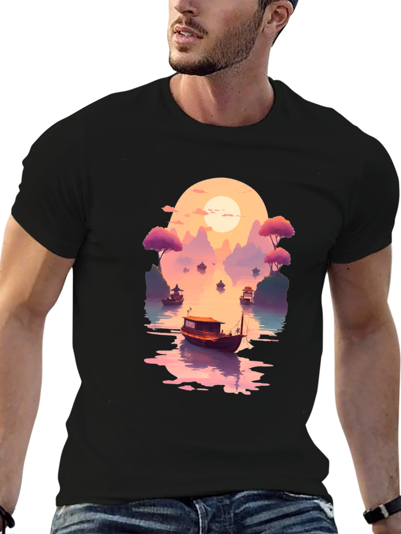 Sunset Lake Boat Graphic Tee