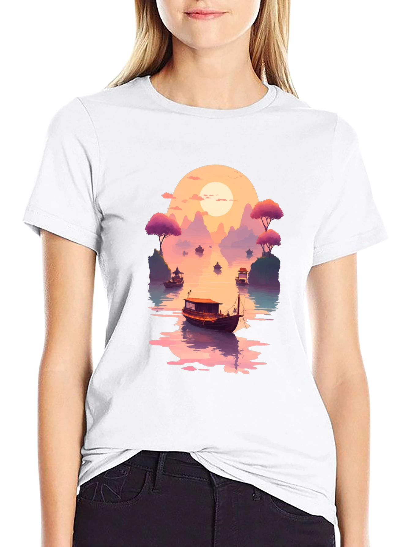 Sunset Lake Boat Graphic Tee