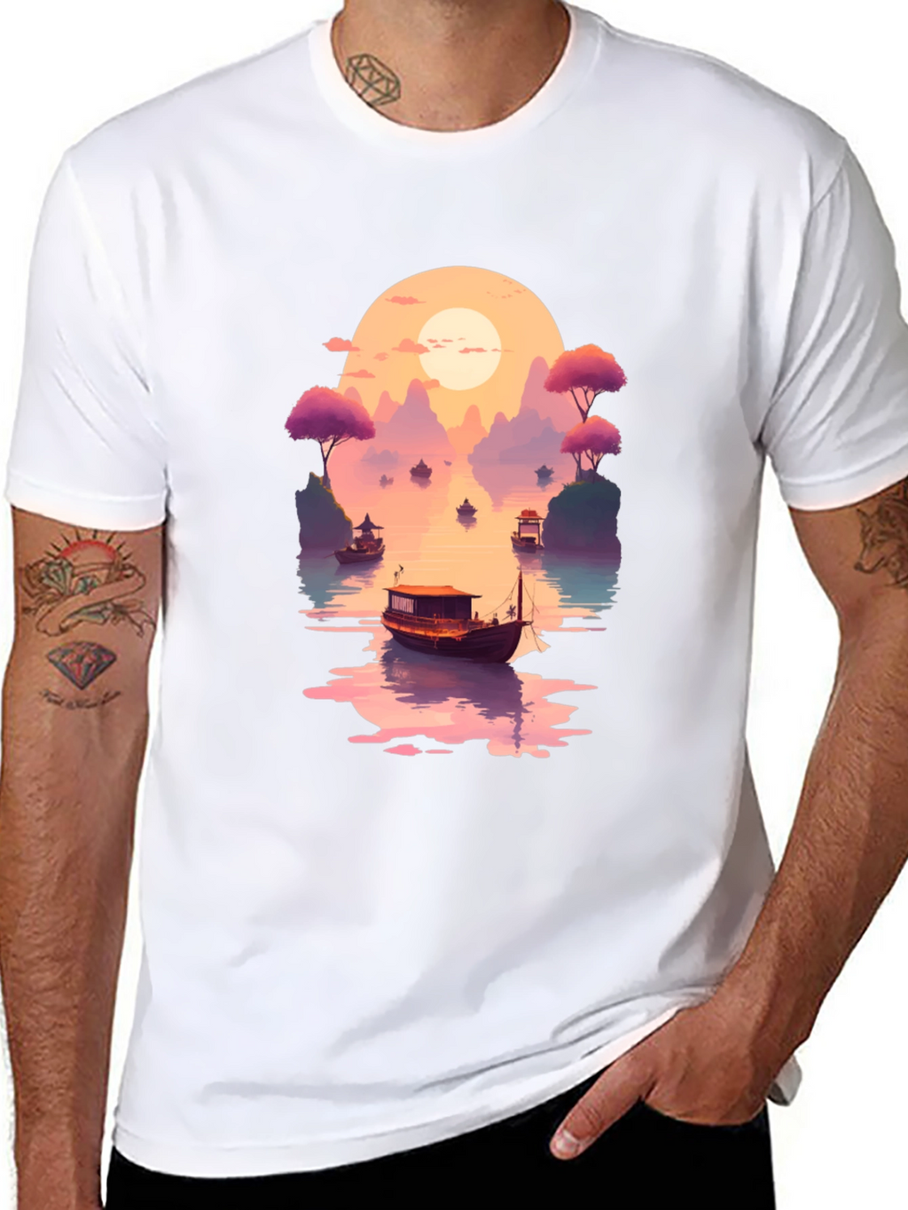 Sunset Lake Boat Graphic Tee