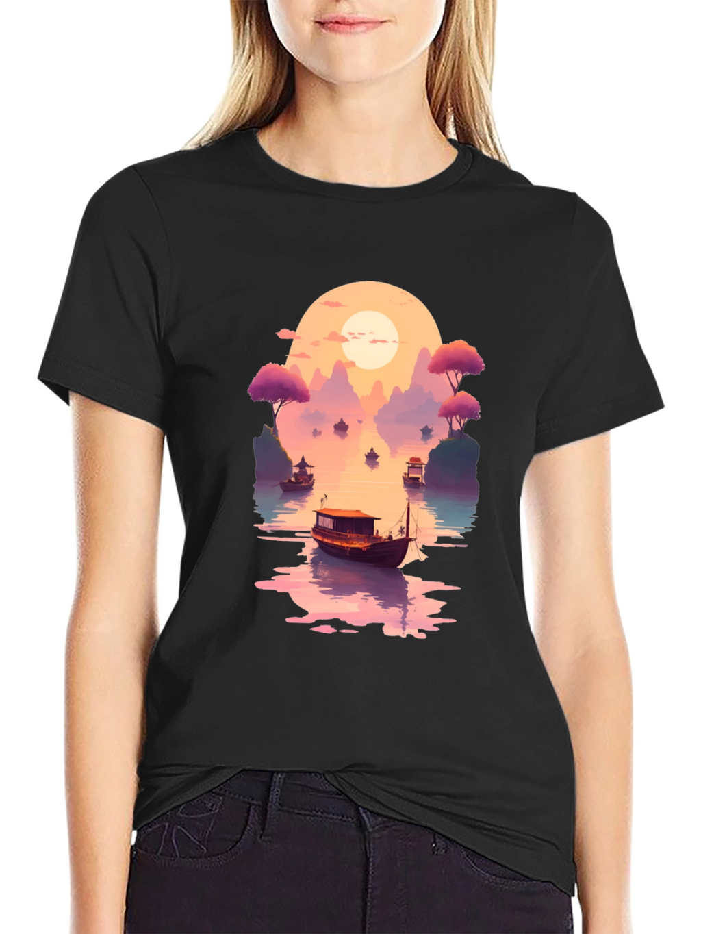 Sunset Lake Boat Graphic Tee