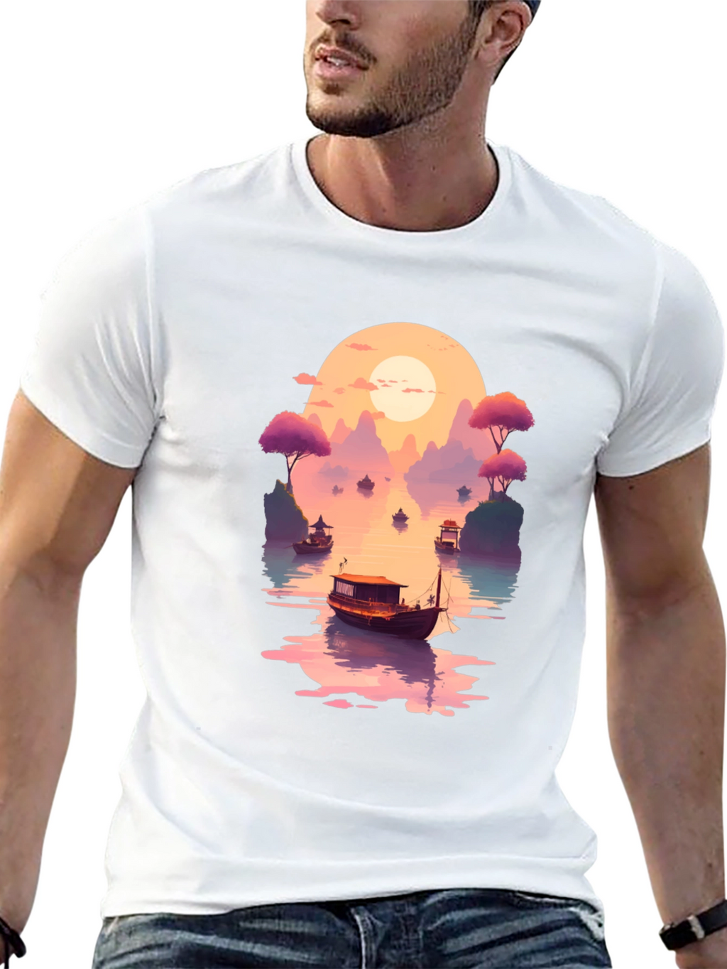 Sunset Lake Boat Graphic Tee