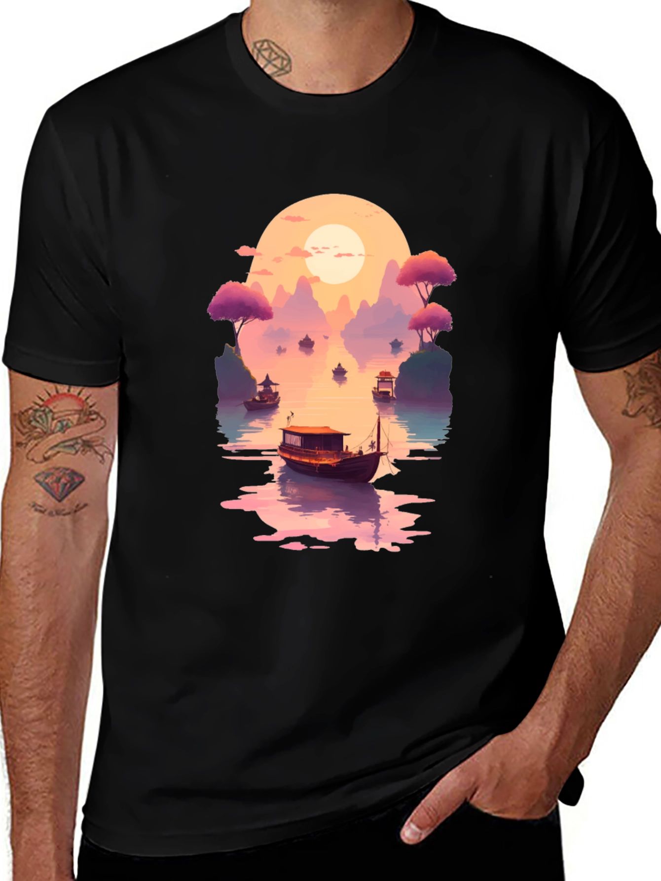 Sunset Lake Boat Graphic Tee