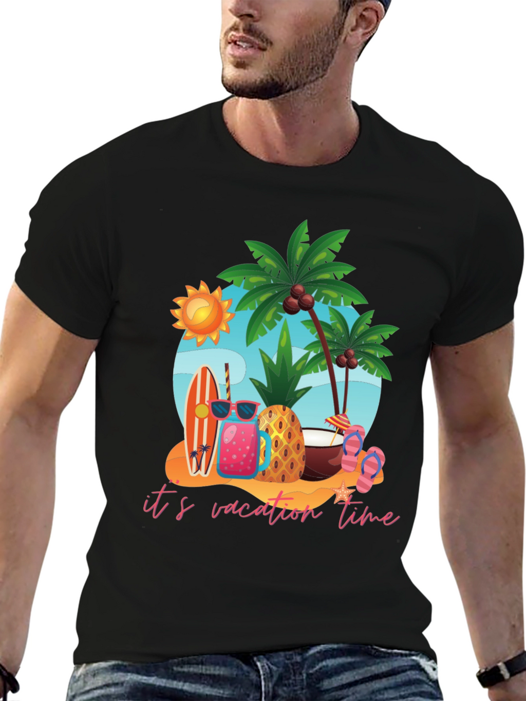 Its Vacation Time Black Cotton T-Shirt