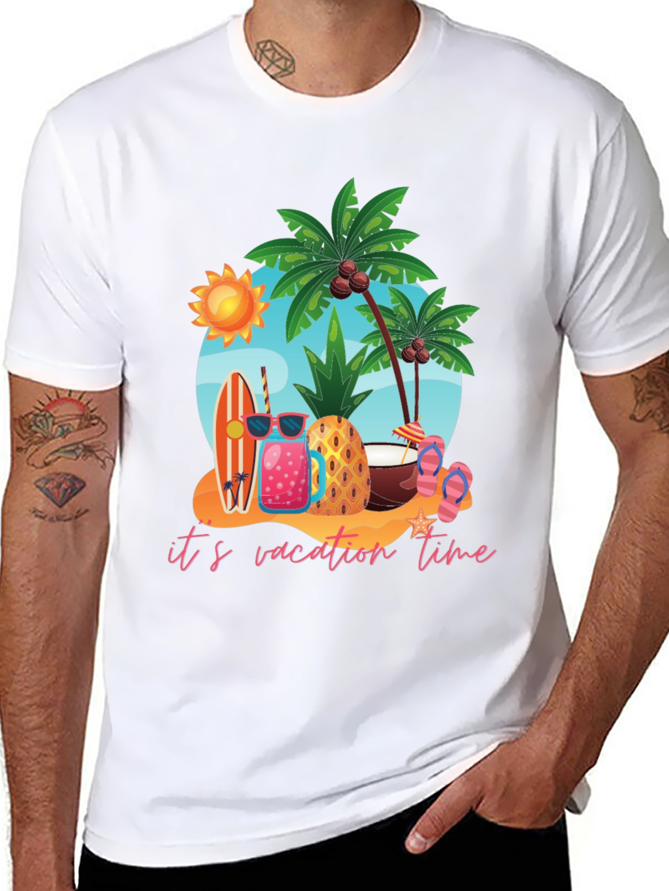 Its Vacation Time Black Cotton T-Shirt