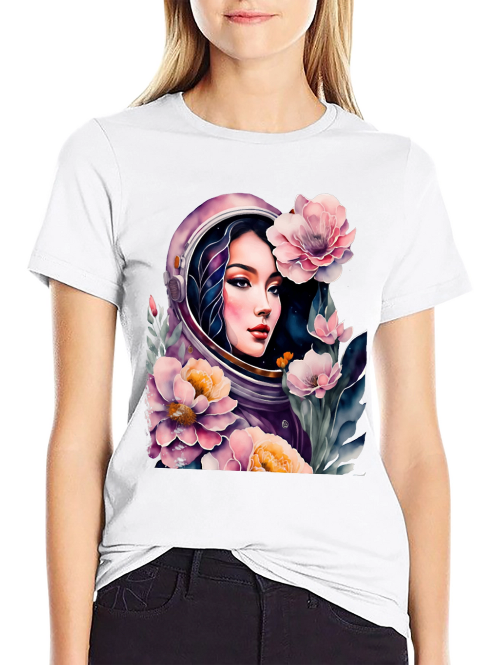 Astronaut Girl in Floral Space - Black T-Shirt