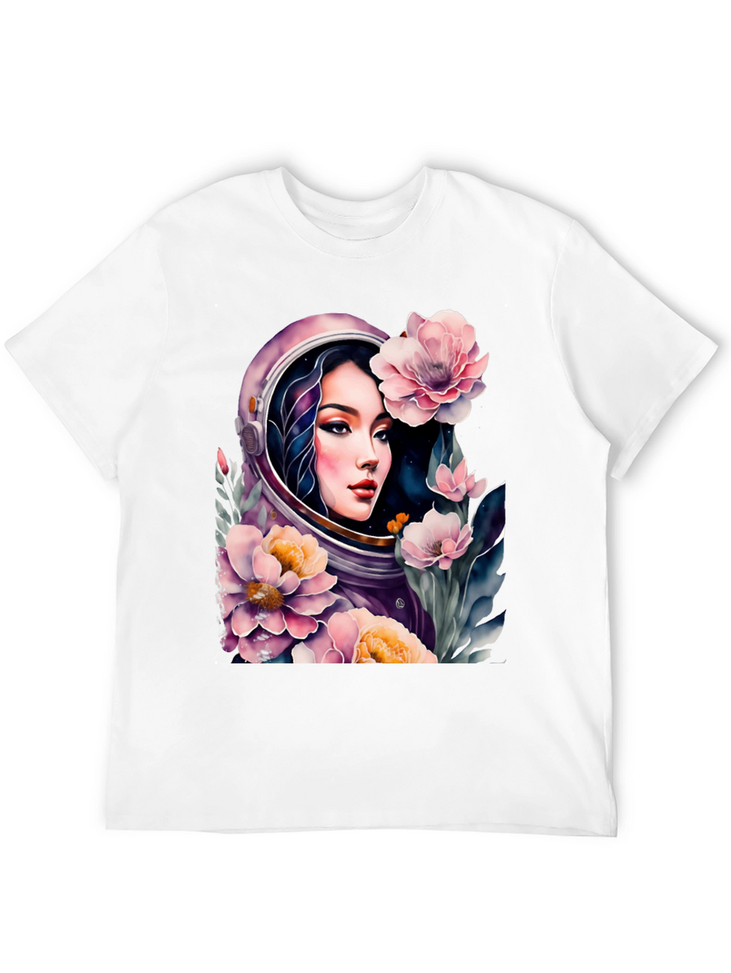 Astronaut Girl in Floral Space - Black T-Shirt