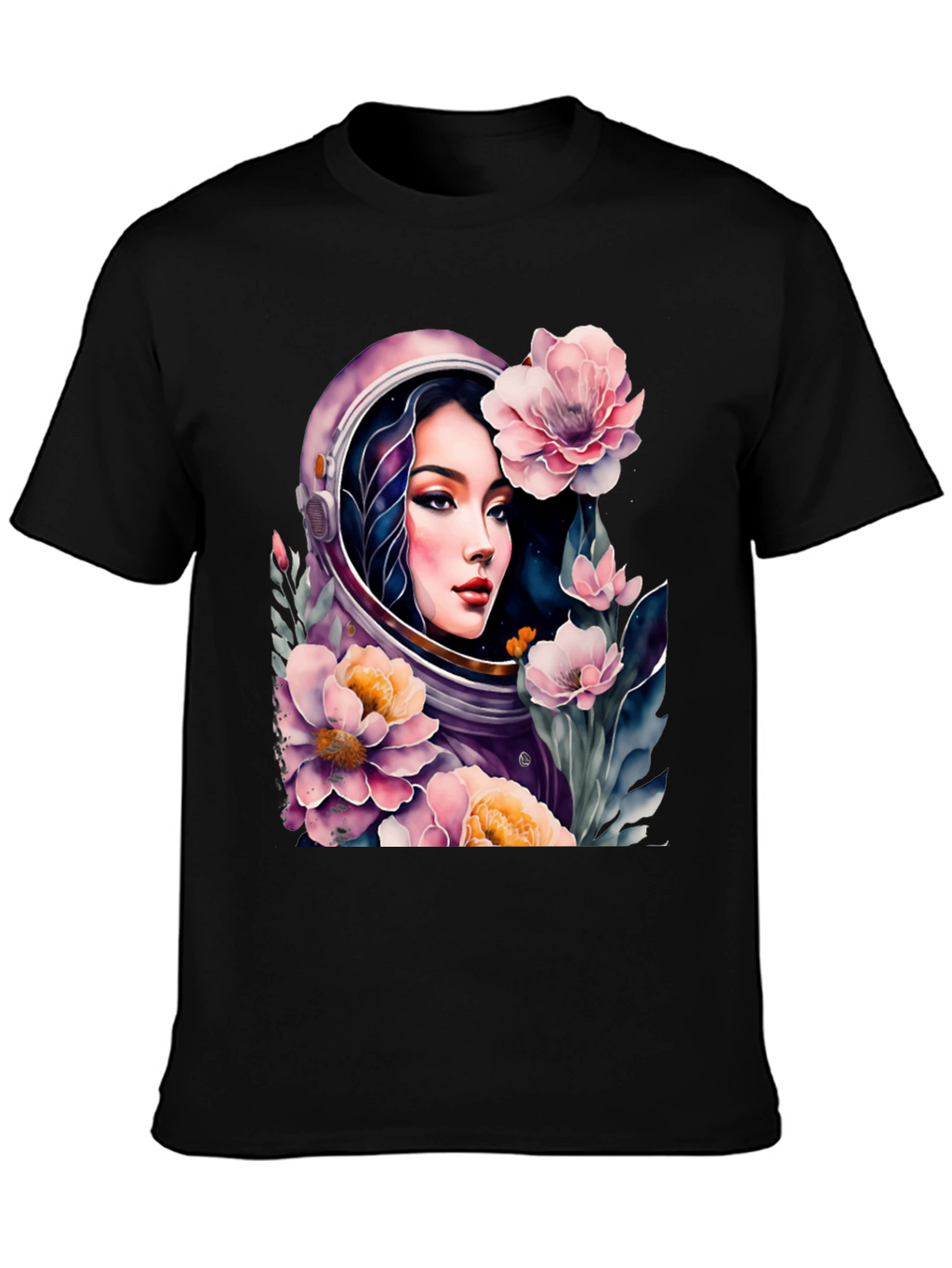Astronaut Girl in Floral Space - Black T-Shirt