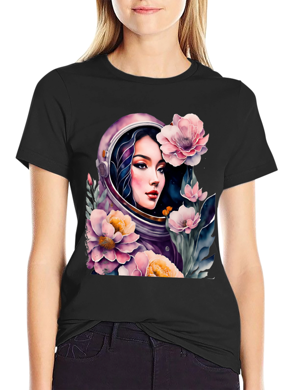 Astronaut Girl in Floral Space - Black T-Shirt