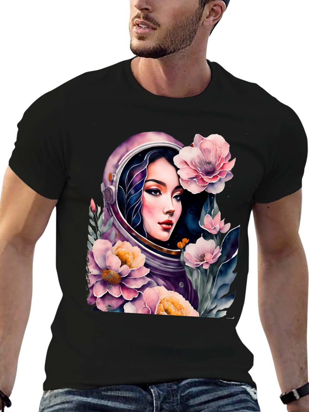 Astronaut Girl in Floral Space - Black T-Shirt