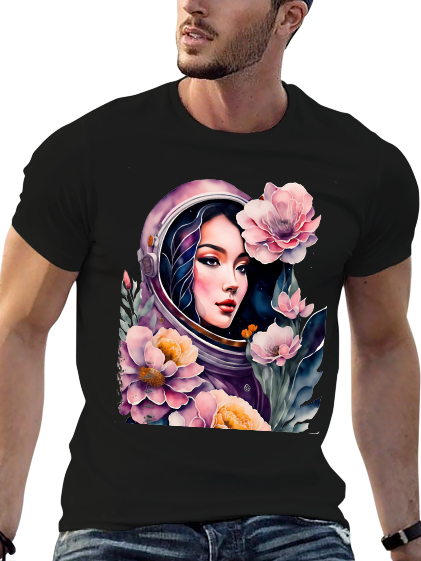 Astronaut Girl in Floral Space - Black T-Shirt