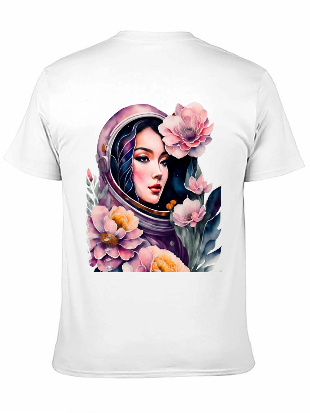 Astronaut Girl in Floral Space - Black T-Shirt
