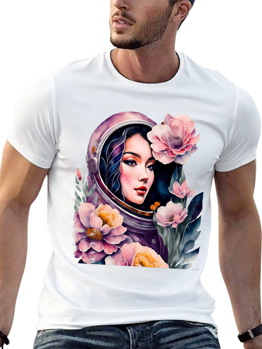 Astronaut Girl in Floral Space - Black T-Shirt
