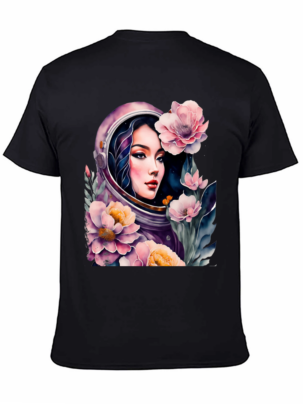 Astronaut Girl in Floral Space - Black T-Shirt