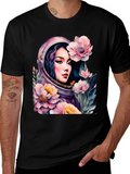 Astronaut Girl in Floral Space - Black T-Shirt