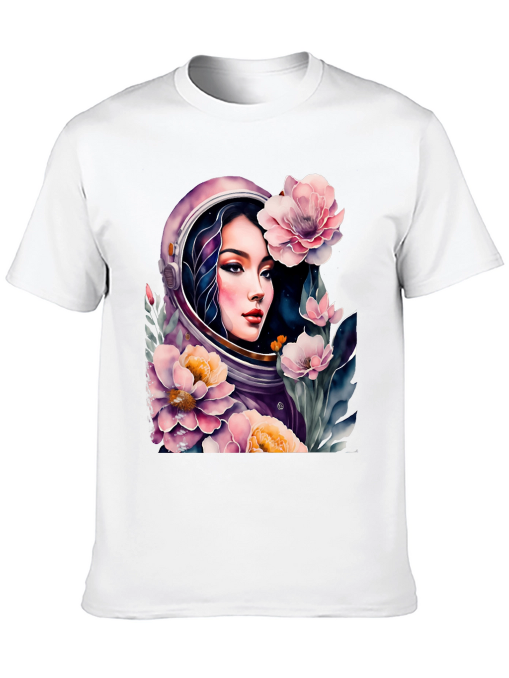 Astronaut Girl in Floral Space - Black T-Shirt