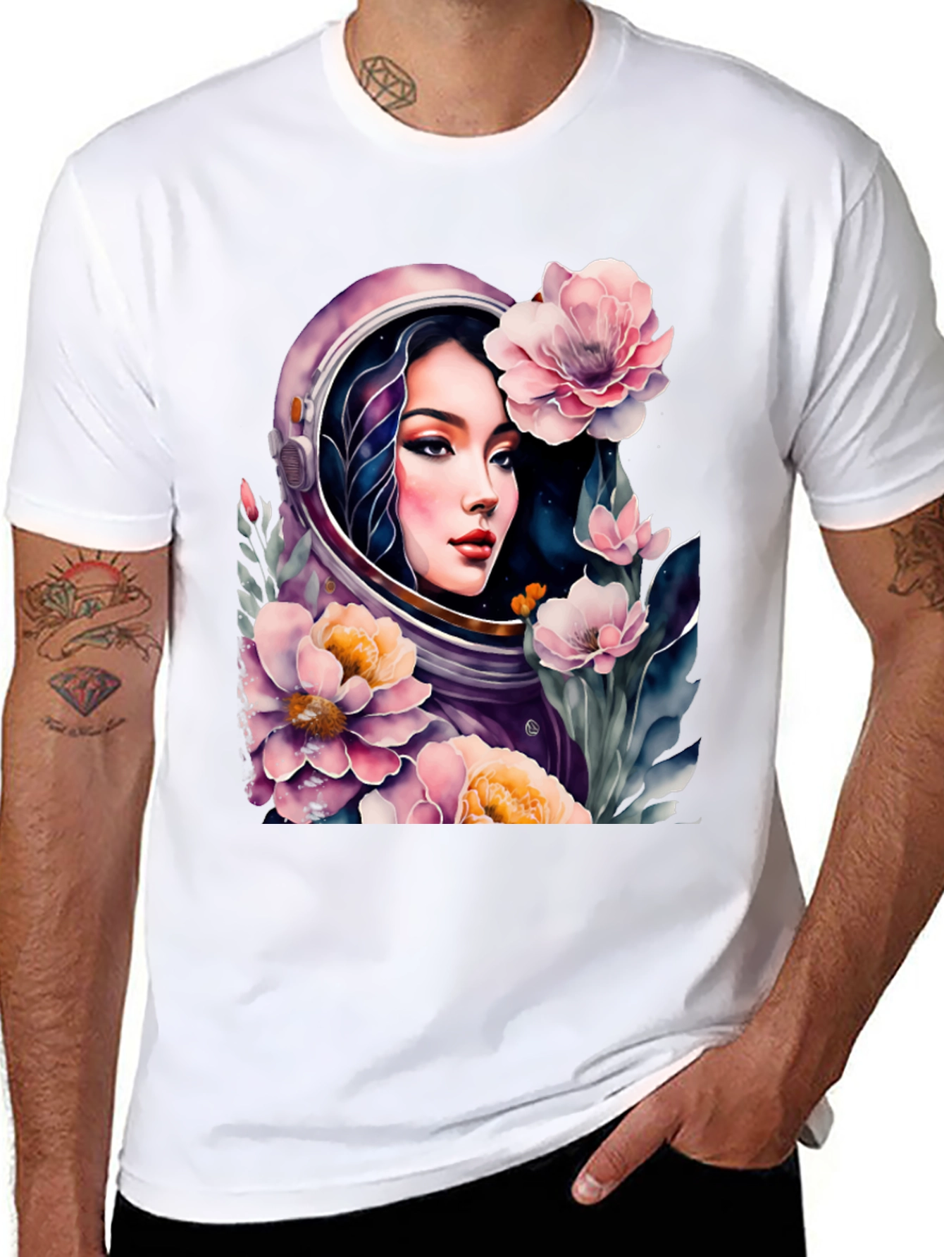 Astronaut Girl in Floral Space - Black T-Shirt