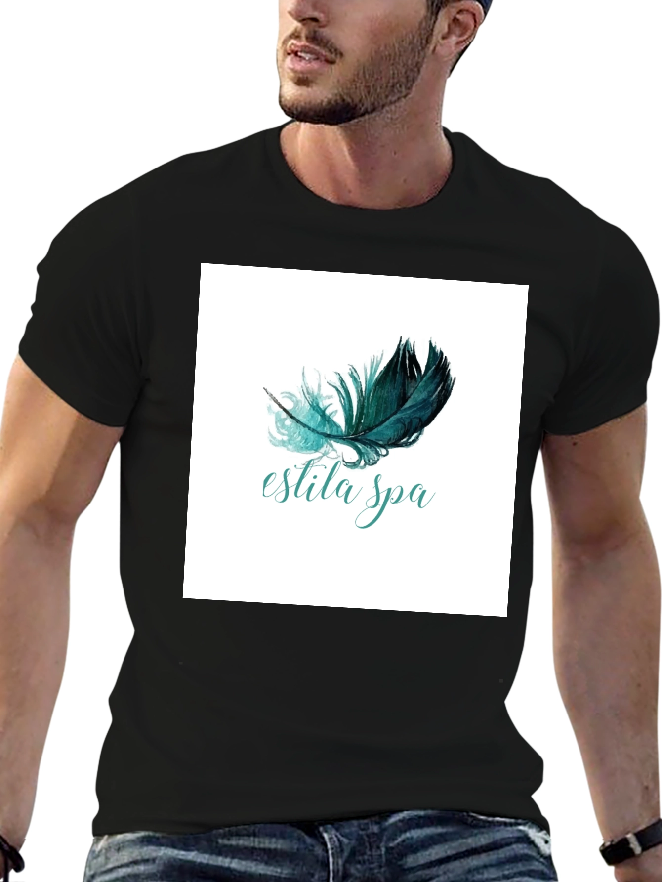 Estila Spa Black T-Shirt Feather Graphic