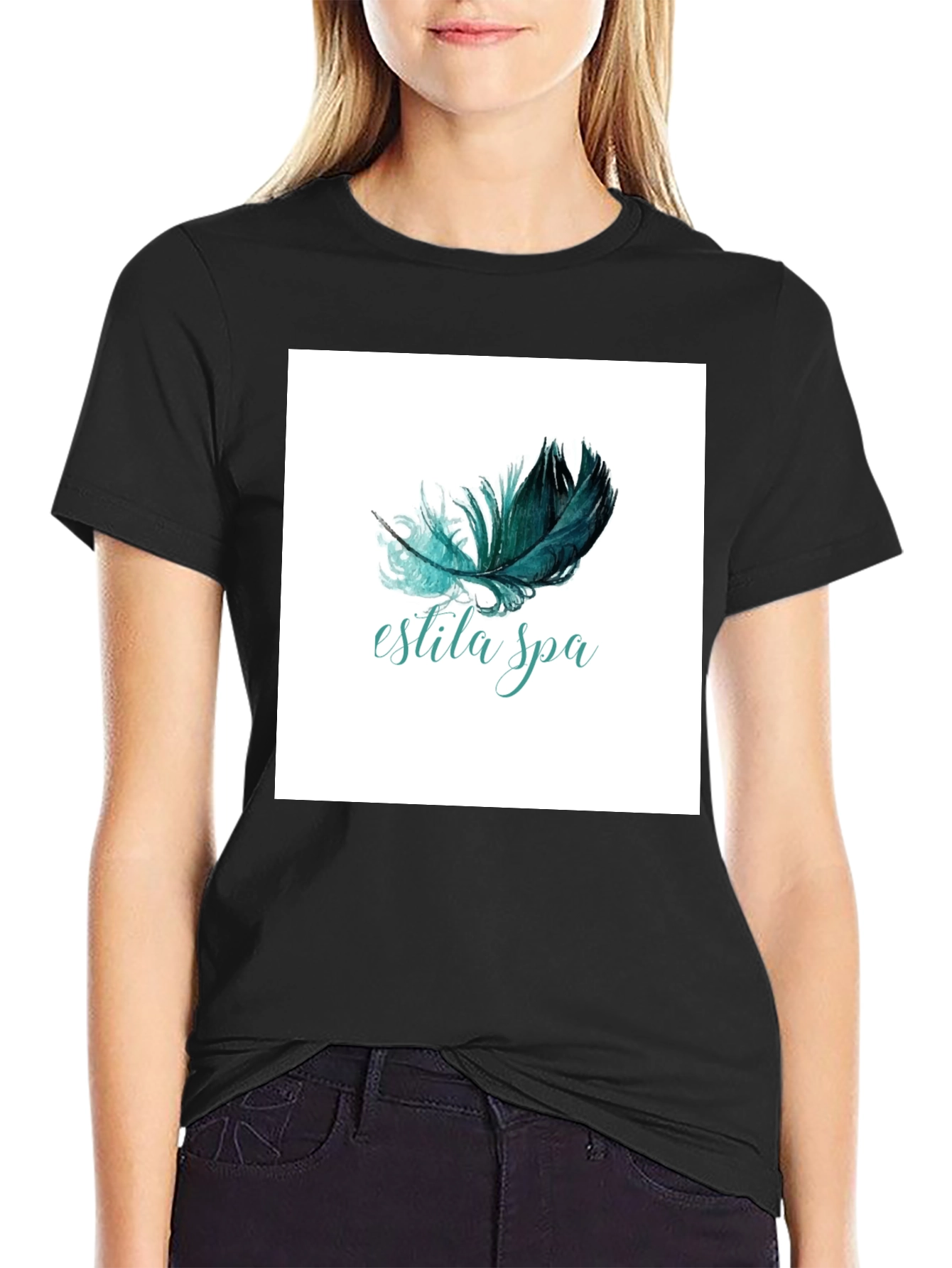 Estila Spa Black T-Shirt Feather Graphic