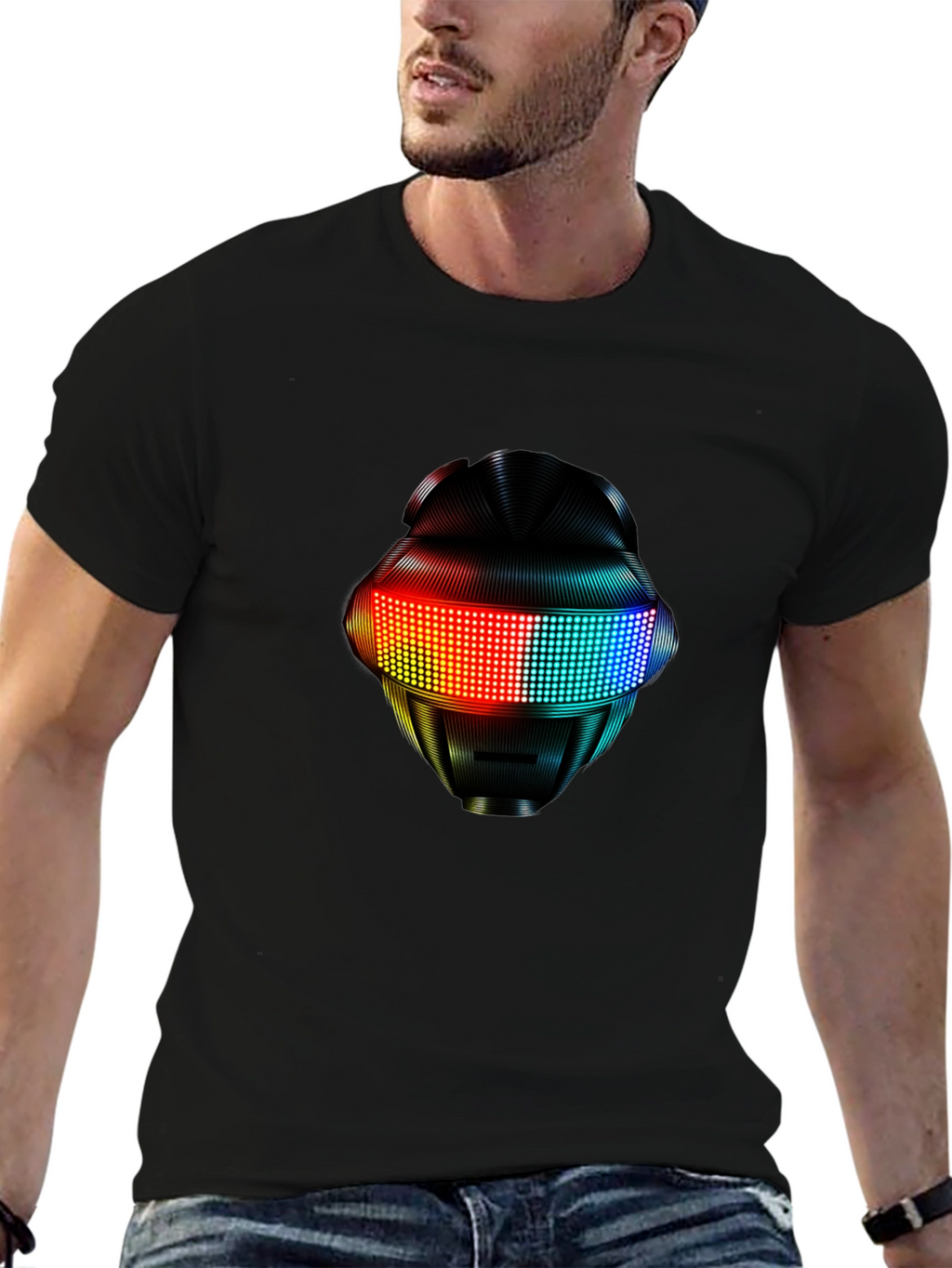LED Robot Head Graphic Black T-Shirt