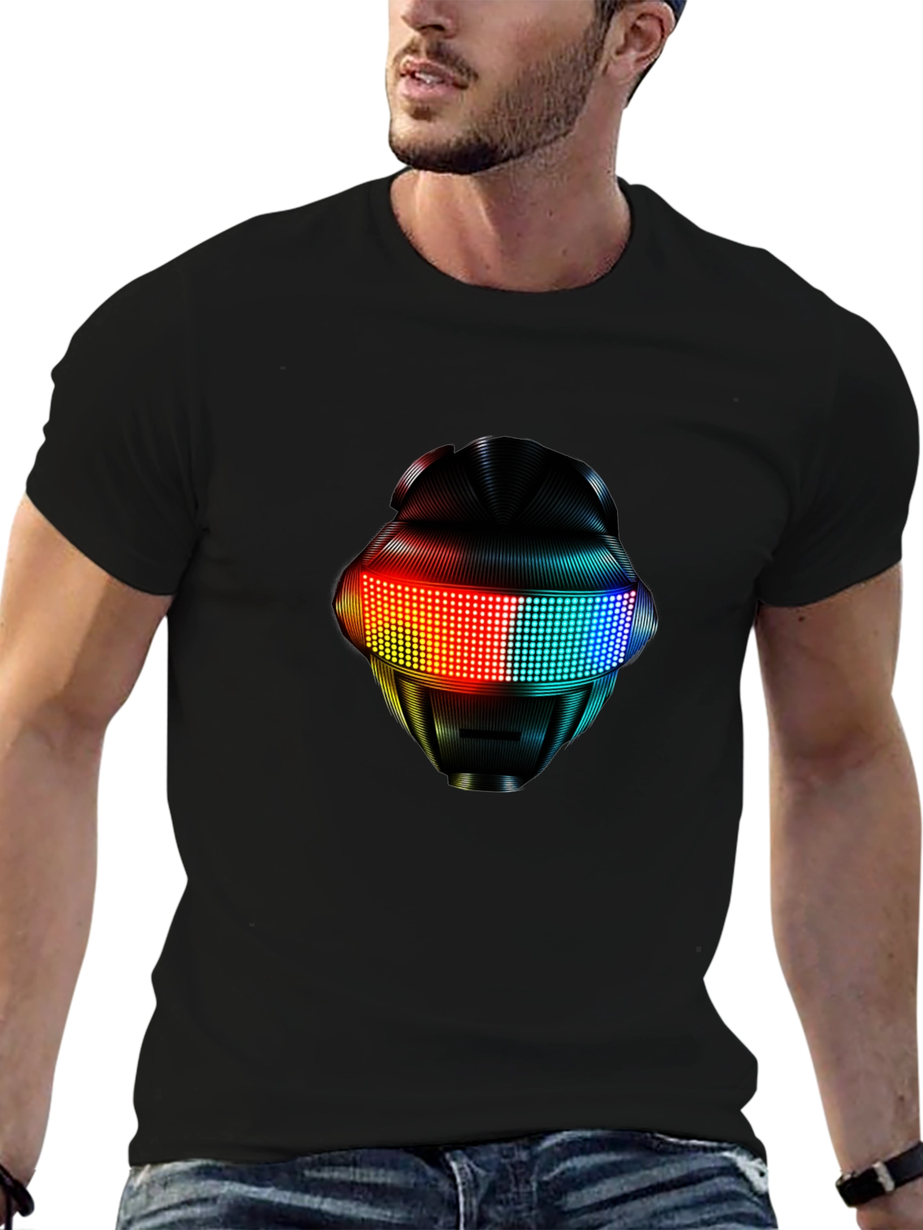 LED Robot Head Graphic Black T-Shirt
