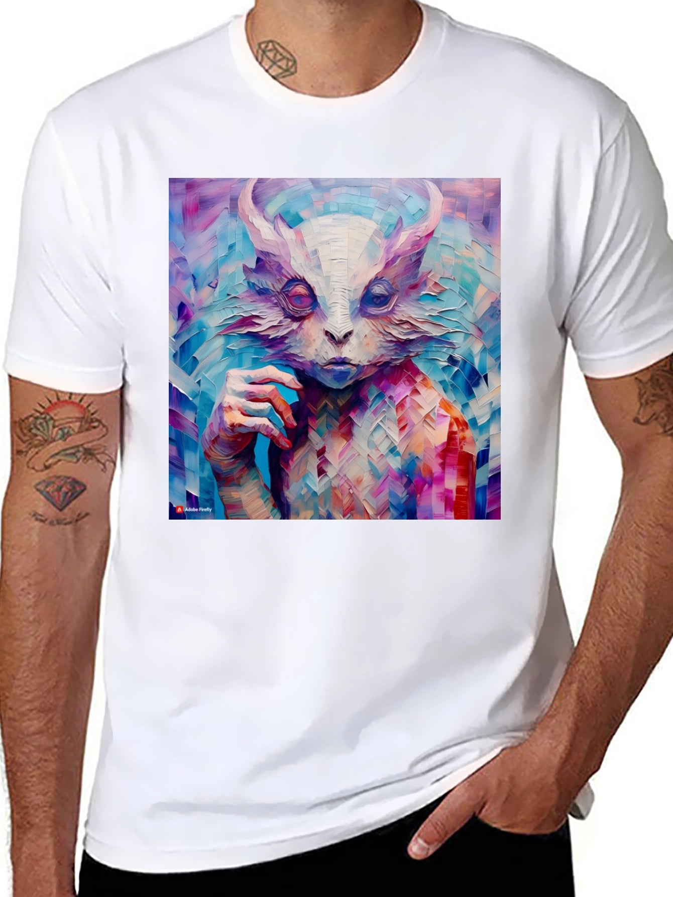 Abstract Horned Creature Art on Black T-Shirt