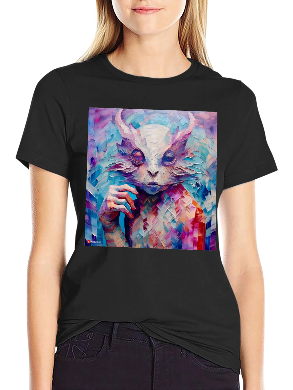 Abstract Horned Creature Art on Black T-Shirt