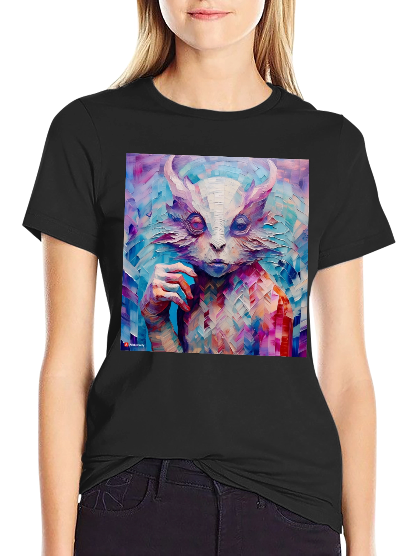 Abstract Horned Creature Art on Black T-Shirt
