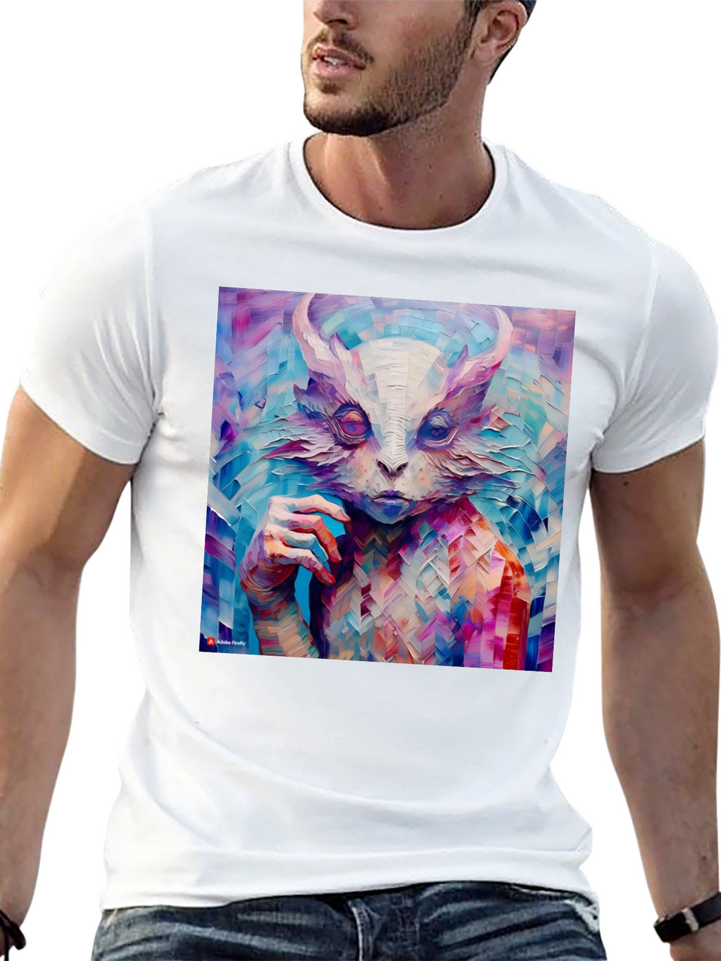 Abstract Horned Creature Art on Black T-Shirt