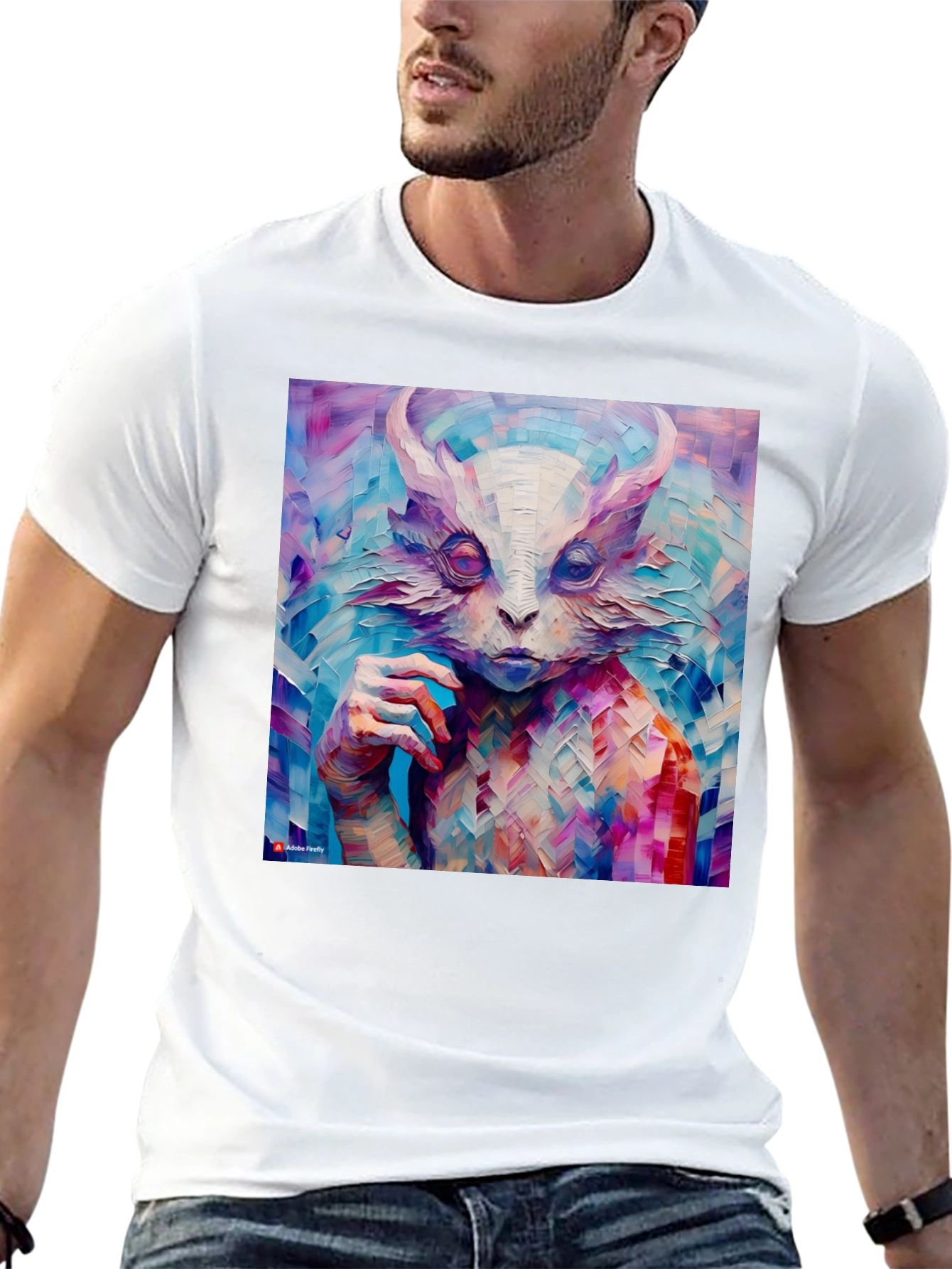 Abstract Horned Creature Art on Black T-Shirt