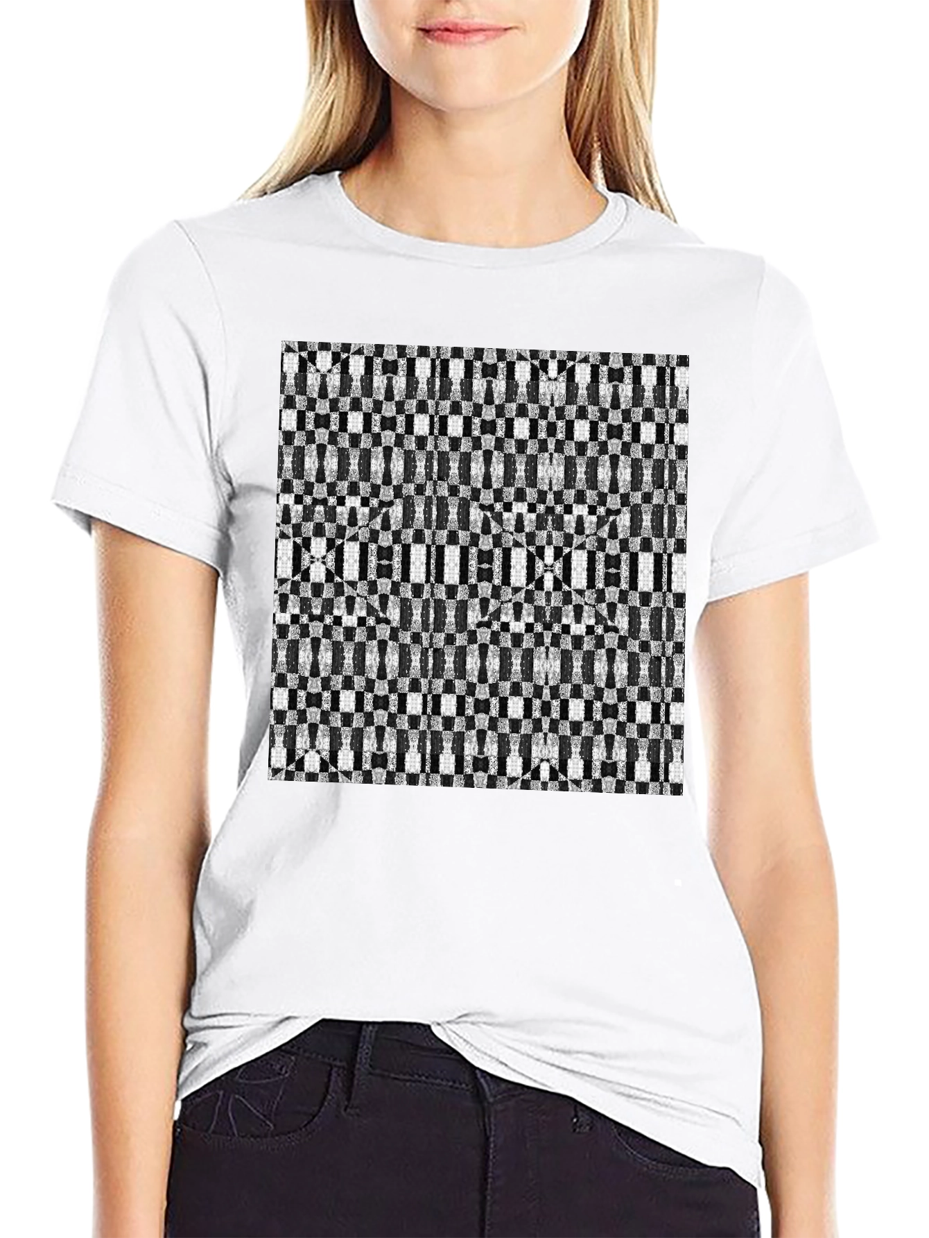 Geometric Checkerboard T-Shirt - Stylish Black Tee