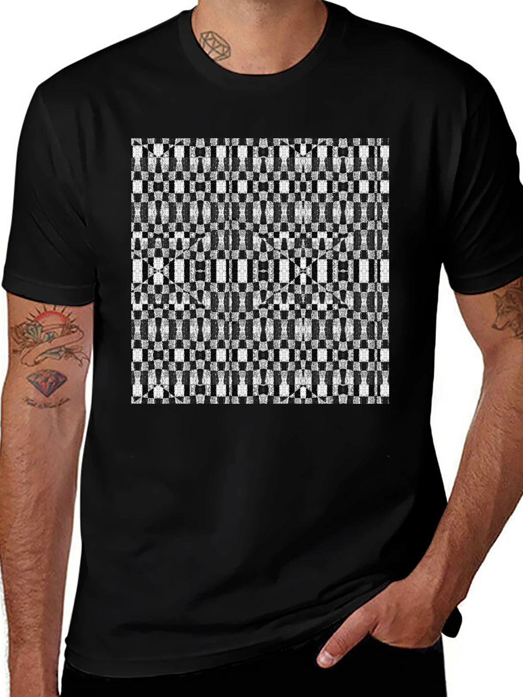 Geometric Checkerboard T-Shirt - Stylish Black Tee