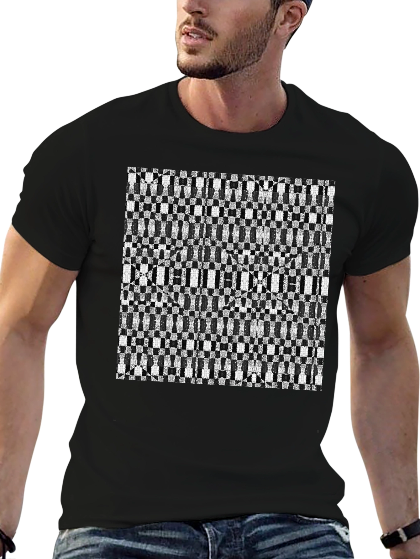 Geometric Checkerboard T-Shirt - Stylish Black Tee